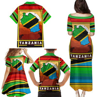 African Sunset Design Family Matching Puletasi and Hawaiian Shirt with Flag Map Mount Kilimanjaro and Wildlife Scene