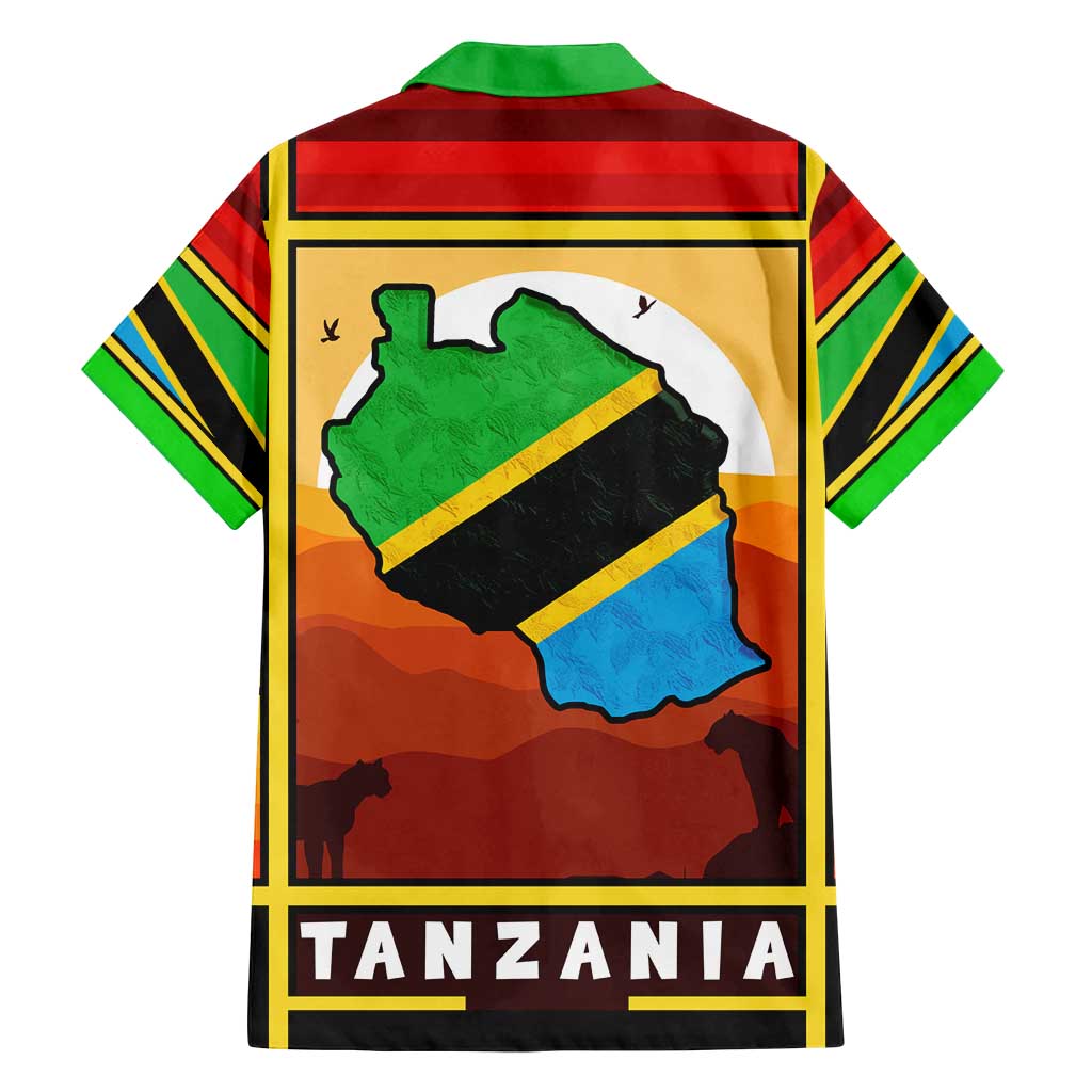 African Sunset Design Family Matching Puletasi and Hawaiian Shirt with Flag Map Mount Kilimanjaro and Wildlife Scene