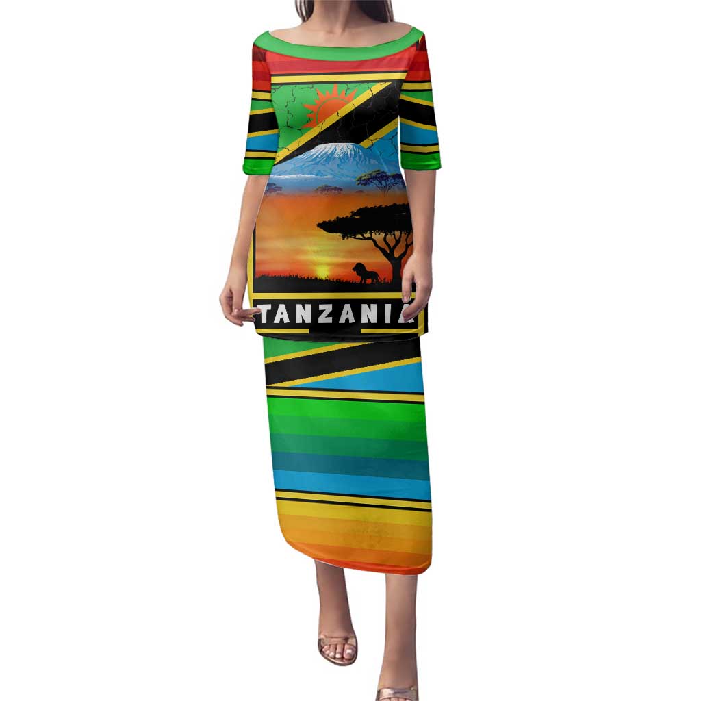 African Sunset Design Family Matching Puletasi and Hawaiian Shirt with Flag Map Mount Kilimanjaro and Wildlife Scene