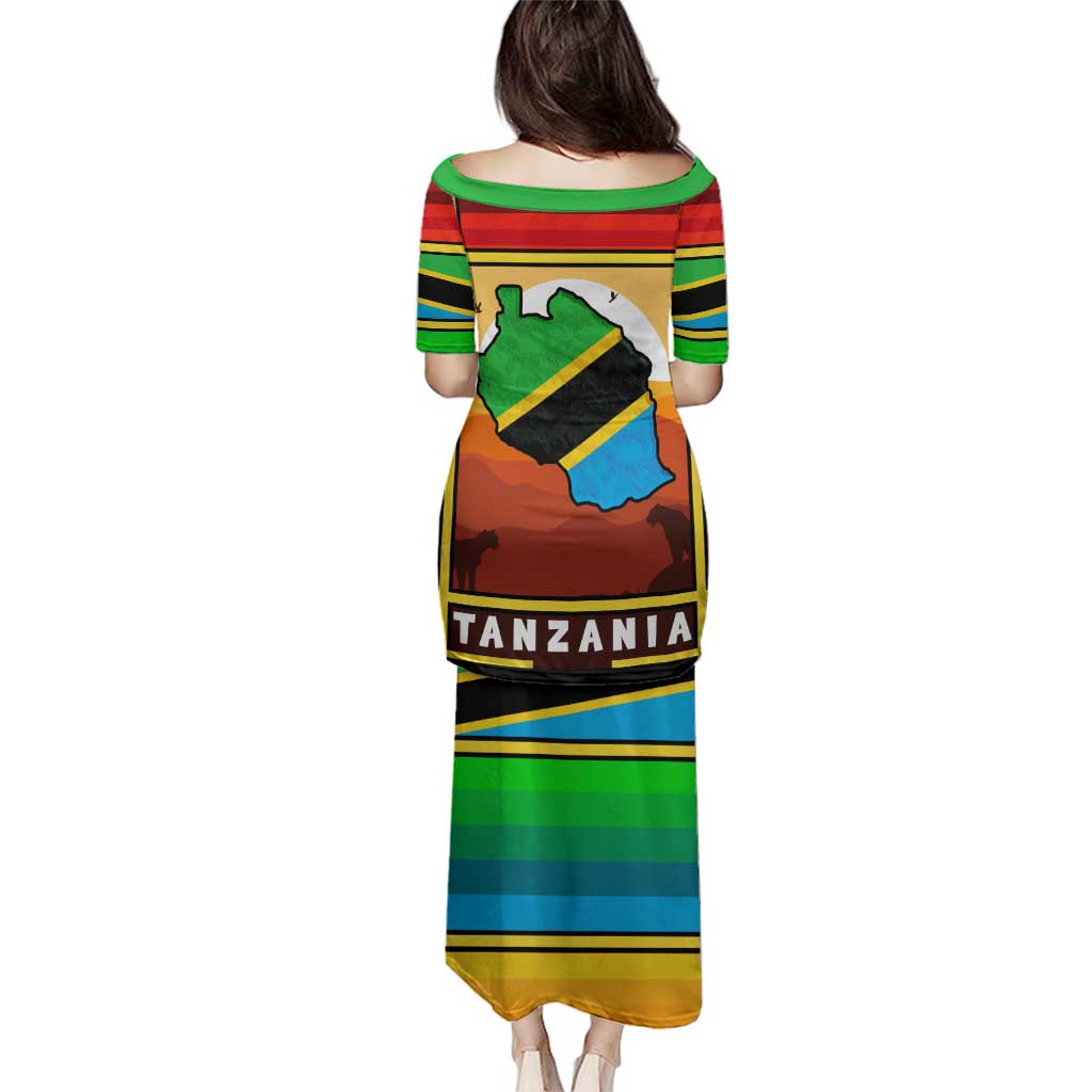 African Sunset Design Family Matching Puletasi and Hawaiian Shirt with Flag Map Mount Kilimanjaro and Wildlife Scene