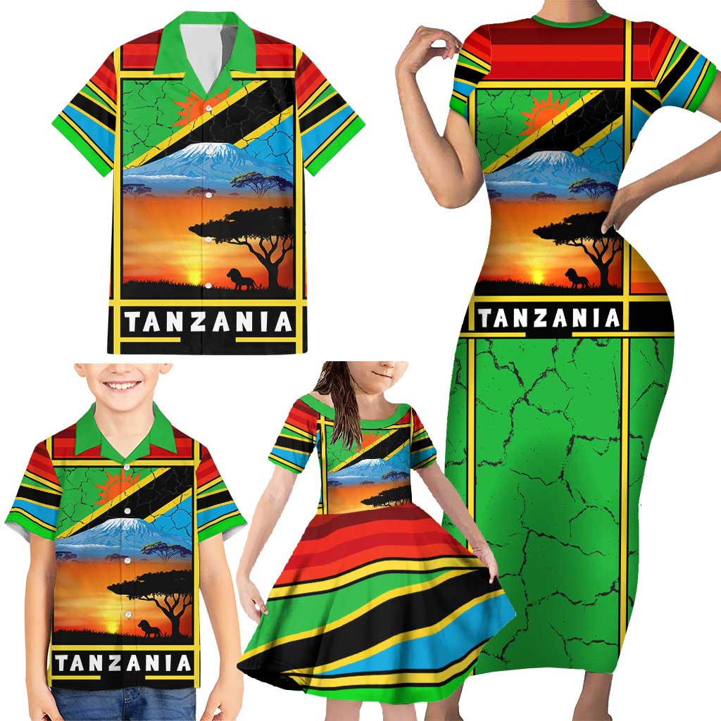 African Sunset Design Family Matching Short Sleeve Bodycon Dress and Hawaiian Shirt with Flag Map Mount Kilimanjaro and Wildlife Scene