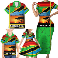 African Sunset Design Family Matching Short Sleeve Bodycon Dress and Hawaiian Shirt with Flag Map Mount Kilimanjaro and Wildlife Scene