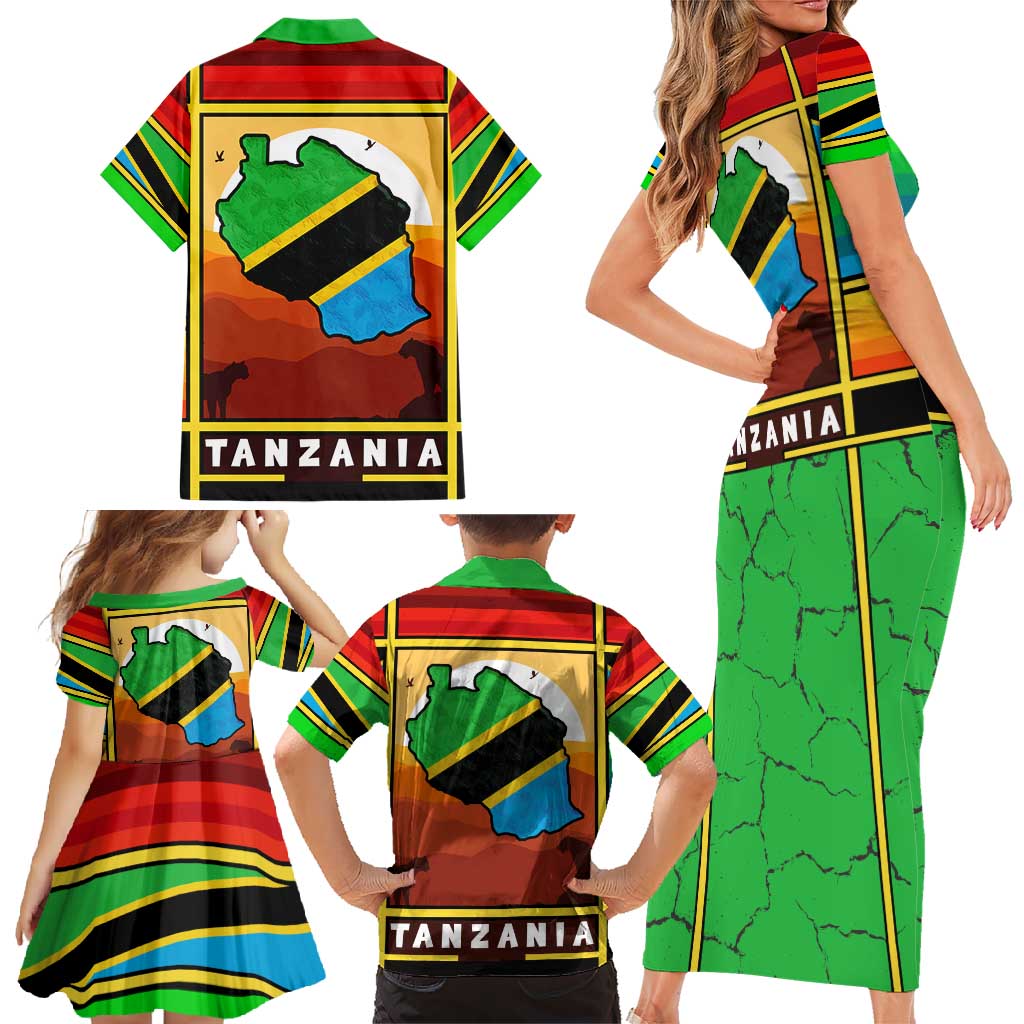 African Sunset Design Family Matching Short Sleeve Bodycon Dress and Hawaiian Shirt with Flag Map Mount Kilimanjaro and Wildlife Scene