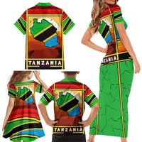 African Sunset Design Family Matching Short Sleeve Bodycon Dress and Hawaiian Shirt with Flag Map Mount Kilimanjaro and Wildlife Scene