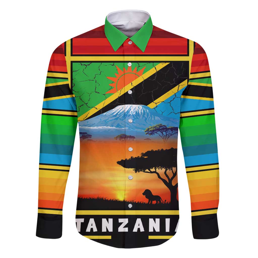 African Sunset Design Family Matching Short Sleeve Bodycon Dress and Hawaiian Shirt with Flag Map Mount Kilimanjaro and Wildlife Scene