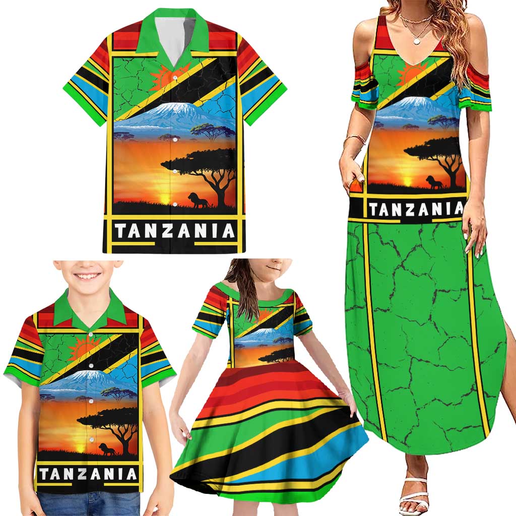 African Sunset Design Family Matching Summer Maxi Dress and Hawaiian Shirt with Flag Map Mount Kilimanjaro and Wildlife Scene