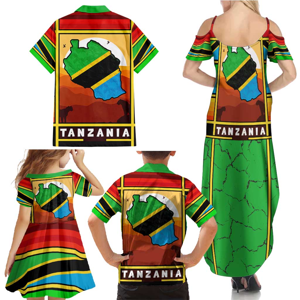 African Sunset Design Family Matching Summer Maxi Dress and Hawaiian Shirt with Flag Map Mount Kilimanjaro and Wildlife Scene