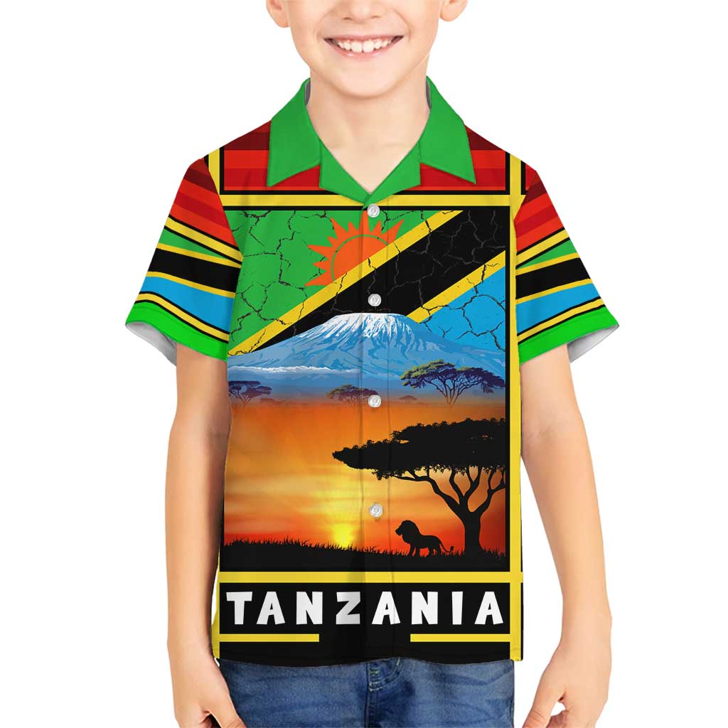 African Sunset Design Family Matching Summer Maxi Dress and Hawaiian Shirt with Flag Map Mount Kilimanjaro and Wildlife Scene