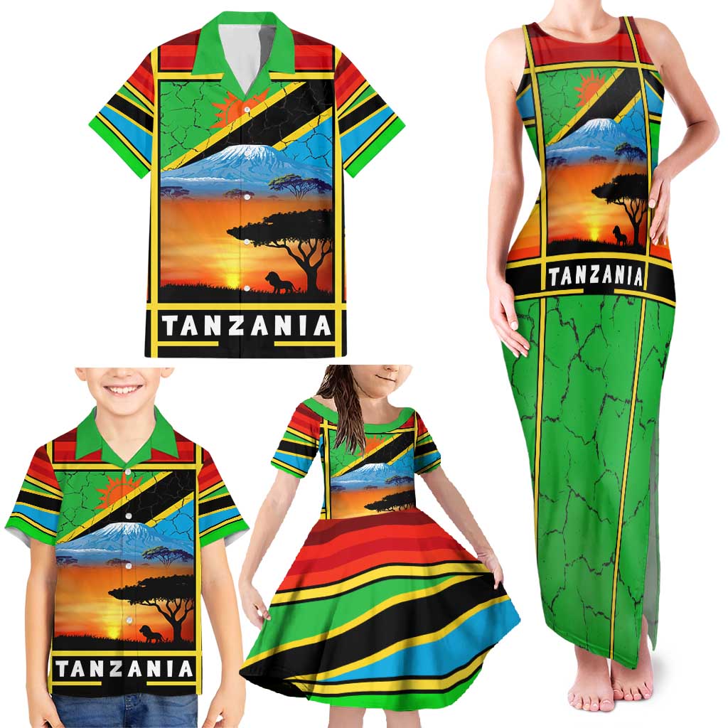 African Sunset Design Family Matching Tank Maxi Dress and Hawaiian Shirt with Flag Map Mount Kilimanjaro and Wildlife Scene