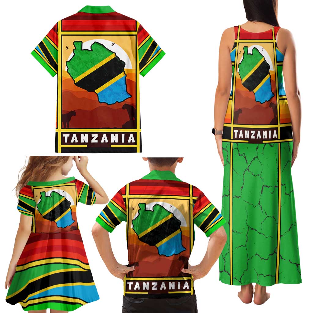 African Sunset Design Family Matching Tank Maxi Dress and Hawaiian Shirt with Flag Map Mount Kilimanjaro and Wildlife Scene