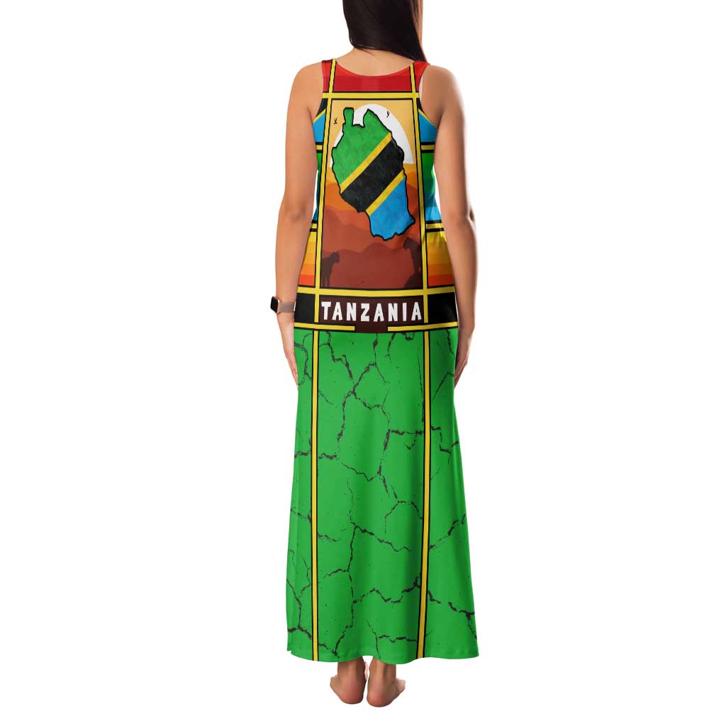 African Sunset Design Family Matching Tank Maxi Dress and Hawaiian Shirt with Flag Map Mount Kilimanjaro and Wildlife Scene