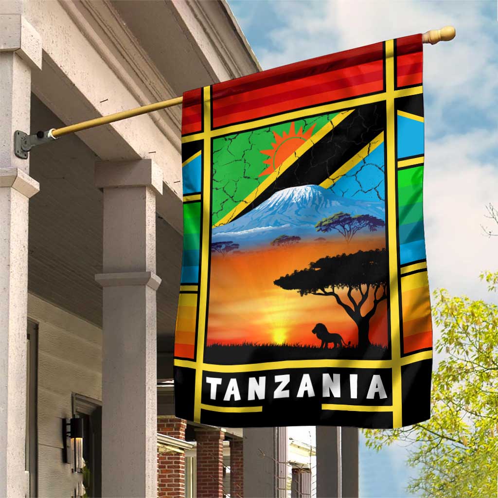 African Sunset Design Garden Flag with Flag Map Mount Kilimanjaro and Wildlife Scene