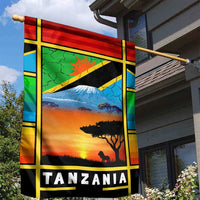 African Sunset Design Garden Flag with Flag Map Mount Kilimanjaro and Wildlife Scene