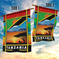 African Sunset Design Garden Flag with Flag Map Mount Kilimanjaro and Wildlife Scene