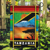 African Sunset Design Garden Flag with Flag Map Mount Kilimanjaro and Wildlife Scene
