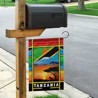 African Sunset Design Garden Flag with Flag Map Mount Kilimanjaro and Wildlife Scene