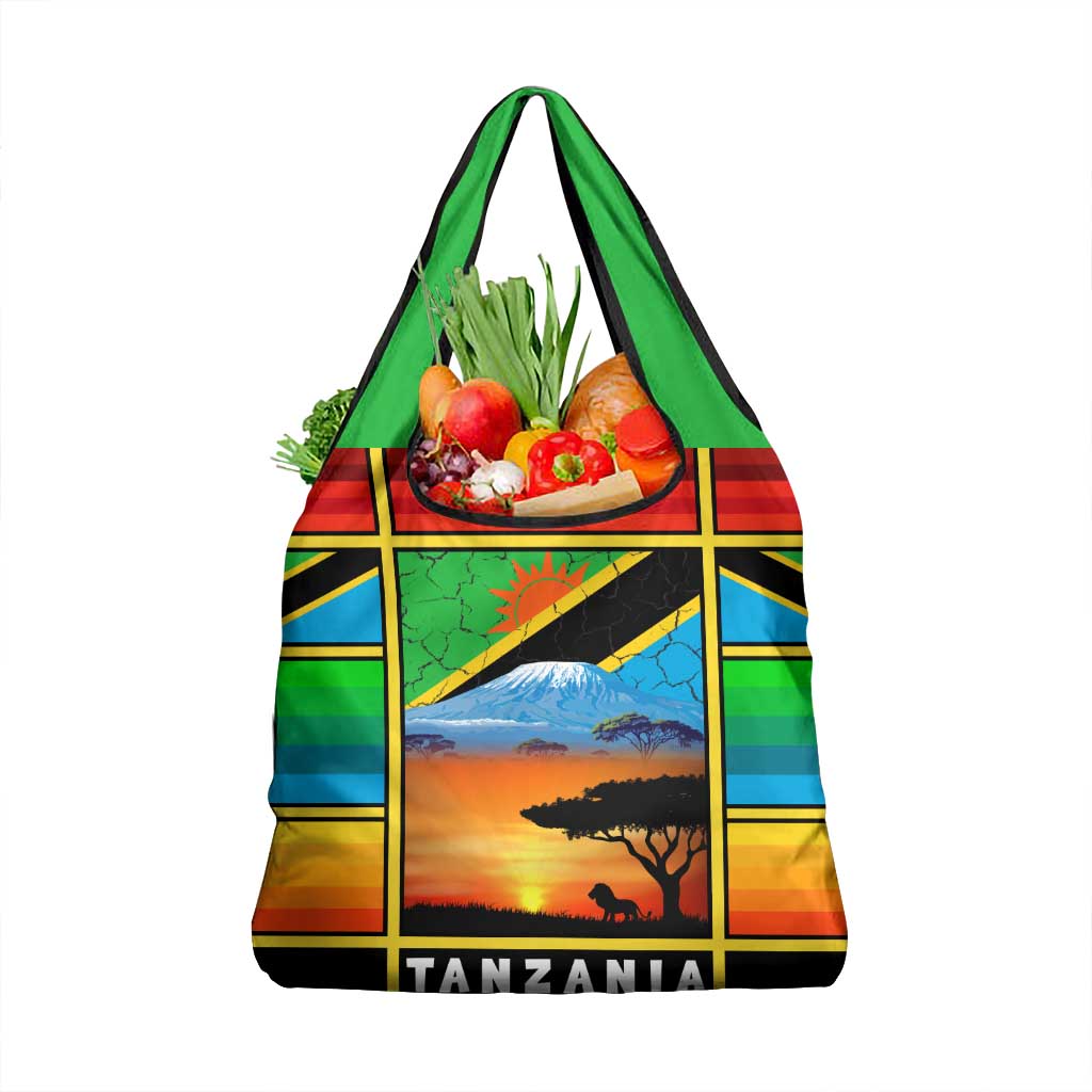 African Sunset Design Grocery Bag with Flag Map Mount Kilimanjaro and Wildlife Scene
