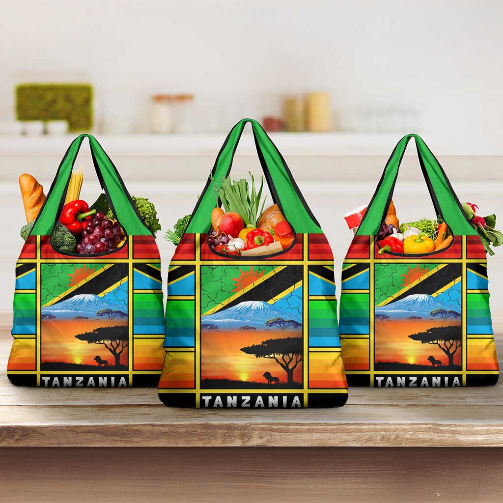 African Sunset Design Grocery Bag with Flag Map Mount Kilimanjaro and Wildlife Scene