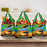 African Sunset Design Grocery Bag with Flag Map Mount Kilimanjaro and Wildlife Scene