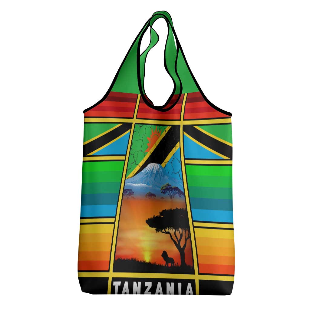 African Sunset Design Grocery Bag with Flag Map Mount Kilimanjaro and Wildlife Scene