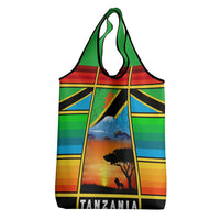 African Sunset Design Grocery Bag with Flag Map Mount Kilimanjaro and Wildlife Scene