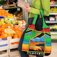 African Sunset Design Grocery Bag with Flag Map Mount Kilimanjaro and Wildlife Scene