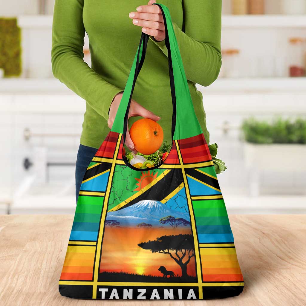 African Sunset Design Grocery Bag with Flag Map Mount Kilimanjaro and Wildlife Scene