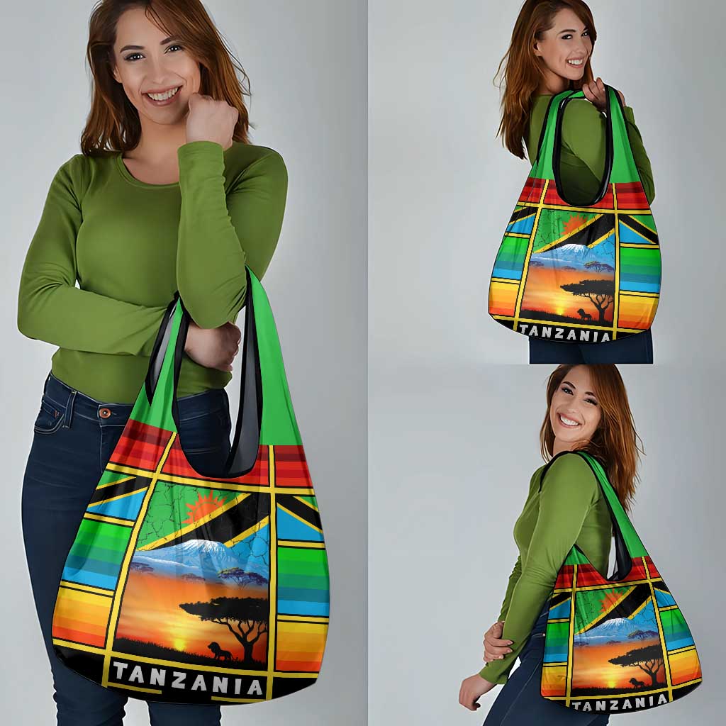 African Sunset Design Grocery Bag with Flag Map Mount Kilimanjaro and Wildlife Scene