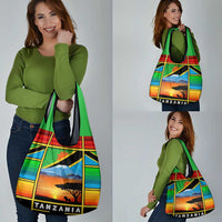 African Sunset Design Grocery Bag with Flag Map Mount Kilimanjaro and Wildlife Scene
