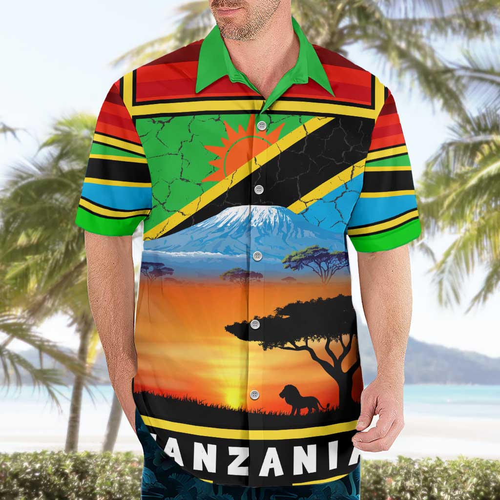 African Sunset Design Hawaiian Shirt with Flag Map Mount Kilimanjaro and Wildlife Scene