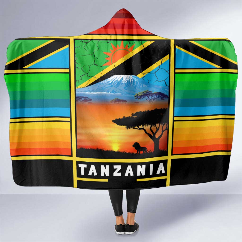 African Sunset Design Hooded Blanket with Flag Map Mount Kilimanjaro and Wildlife Scene