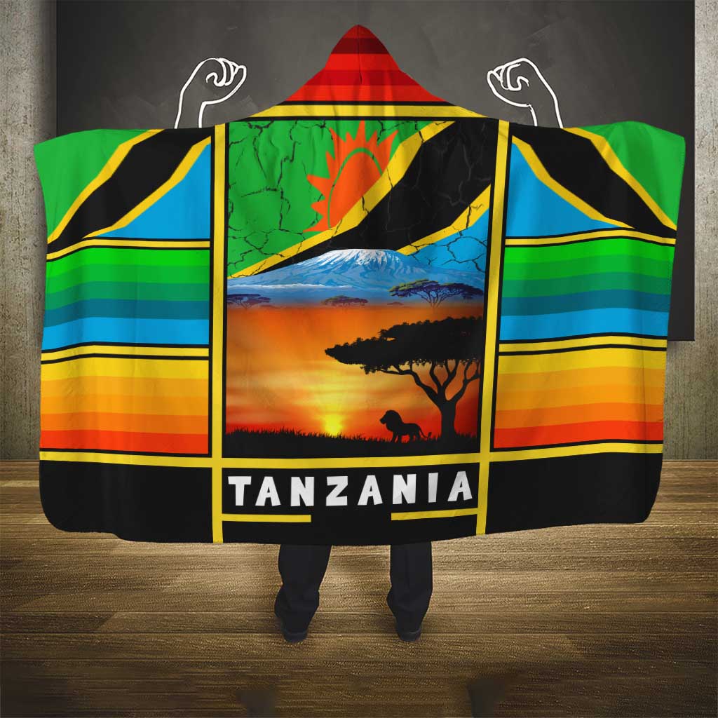 African Sunset Design Hooded Blanket with Flag Map Mount Kilimanjaro and Wildlife Scene