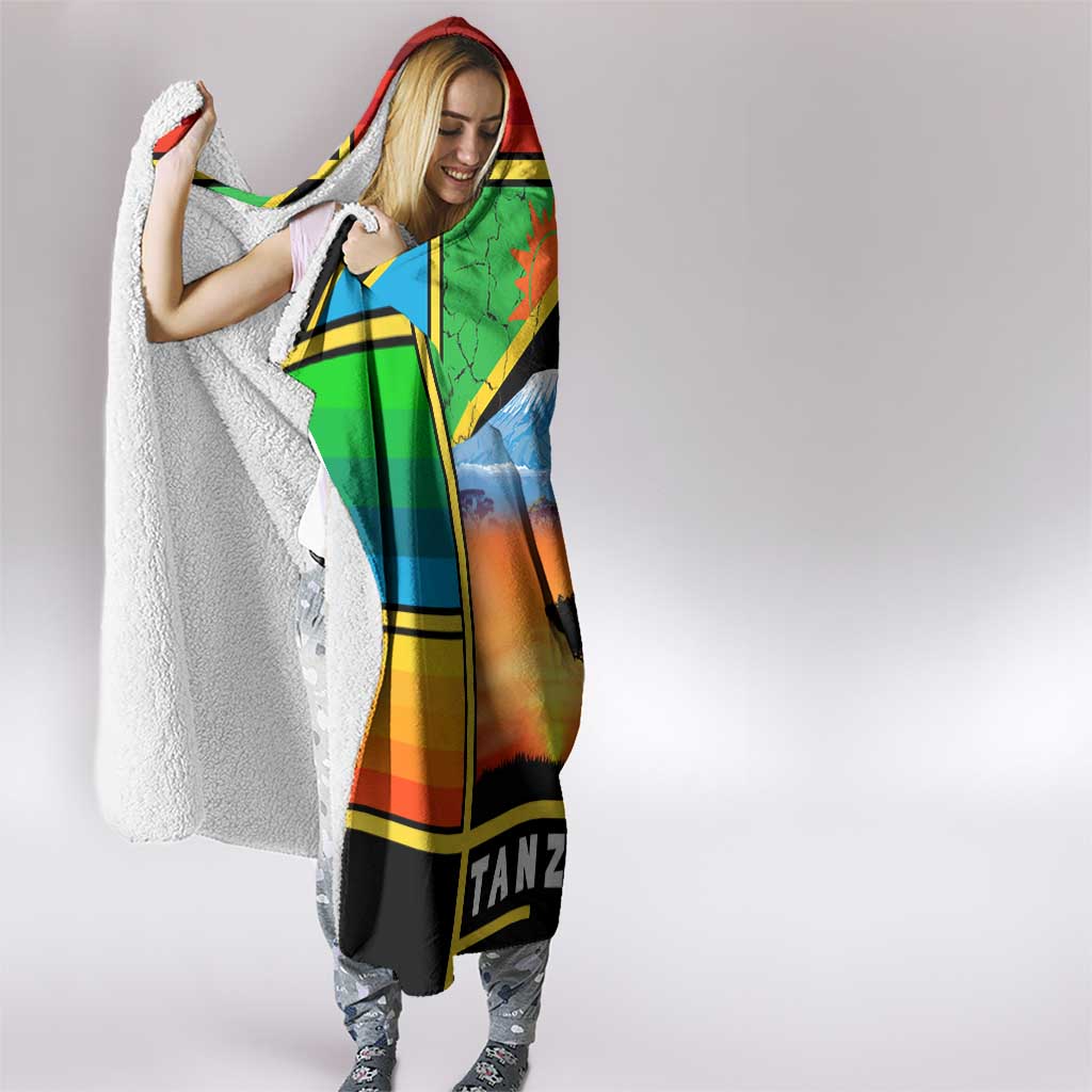 African Sunset Design Hooded Blanket with Flag Map Mount Kilimanjaro and Wildlife Scene
