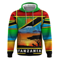 African Sunset Design Hoodie with Flag Map Mount Kilimanjaro and Wildlife Scene