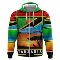 African Sunset Design Hoodie with Flag Map Mount Kilimanjaro and Wildlife Scene
