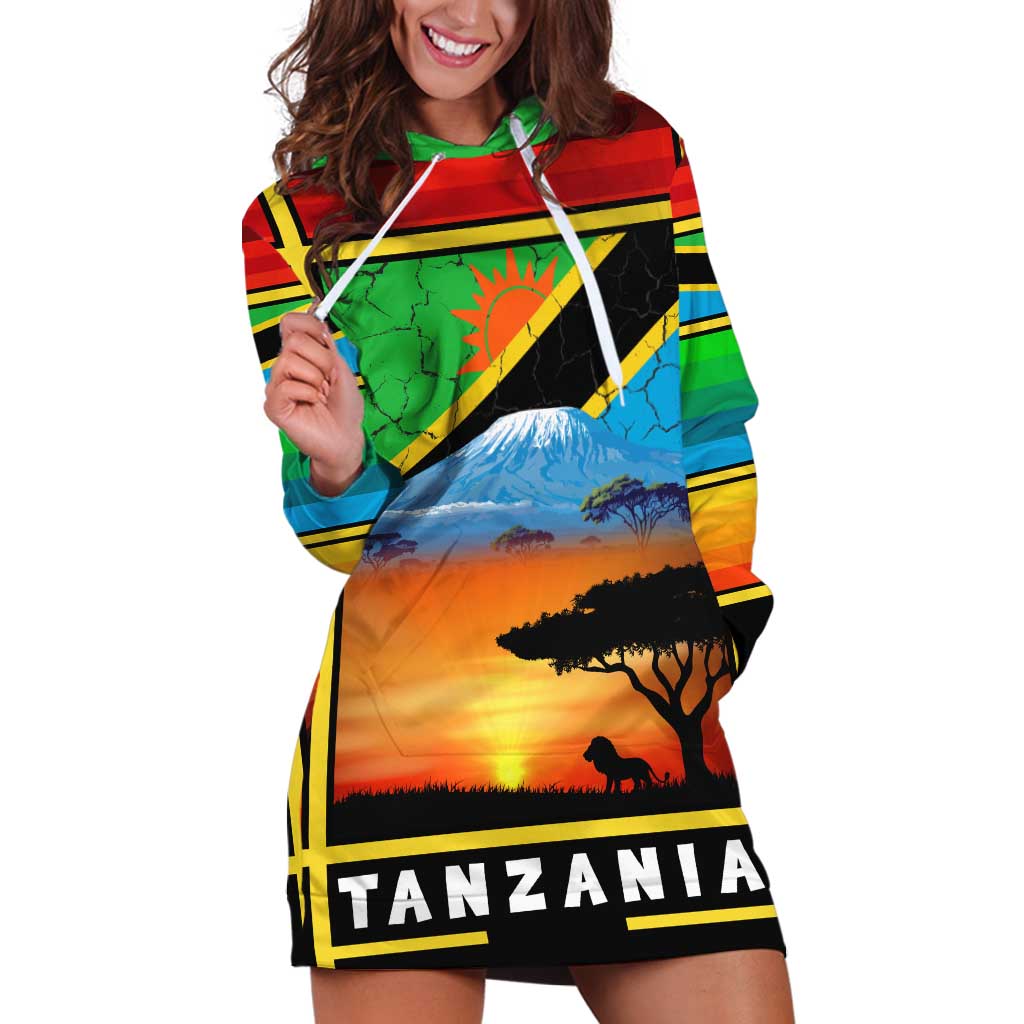 African Sunset Design Hoodie Dress with Flag Map Mount Kilimanjaro and Wildlife Scene