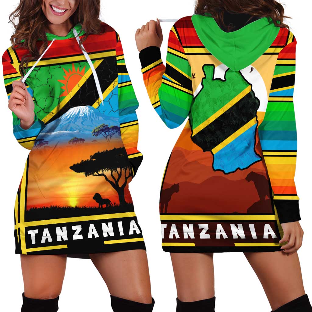 African Sunset Design Hoodie Dress with Flag Map Mount Kilimanjaro and Wildlife Scene