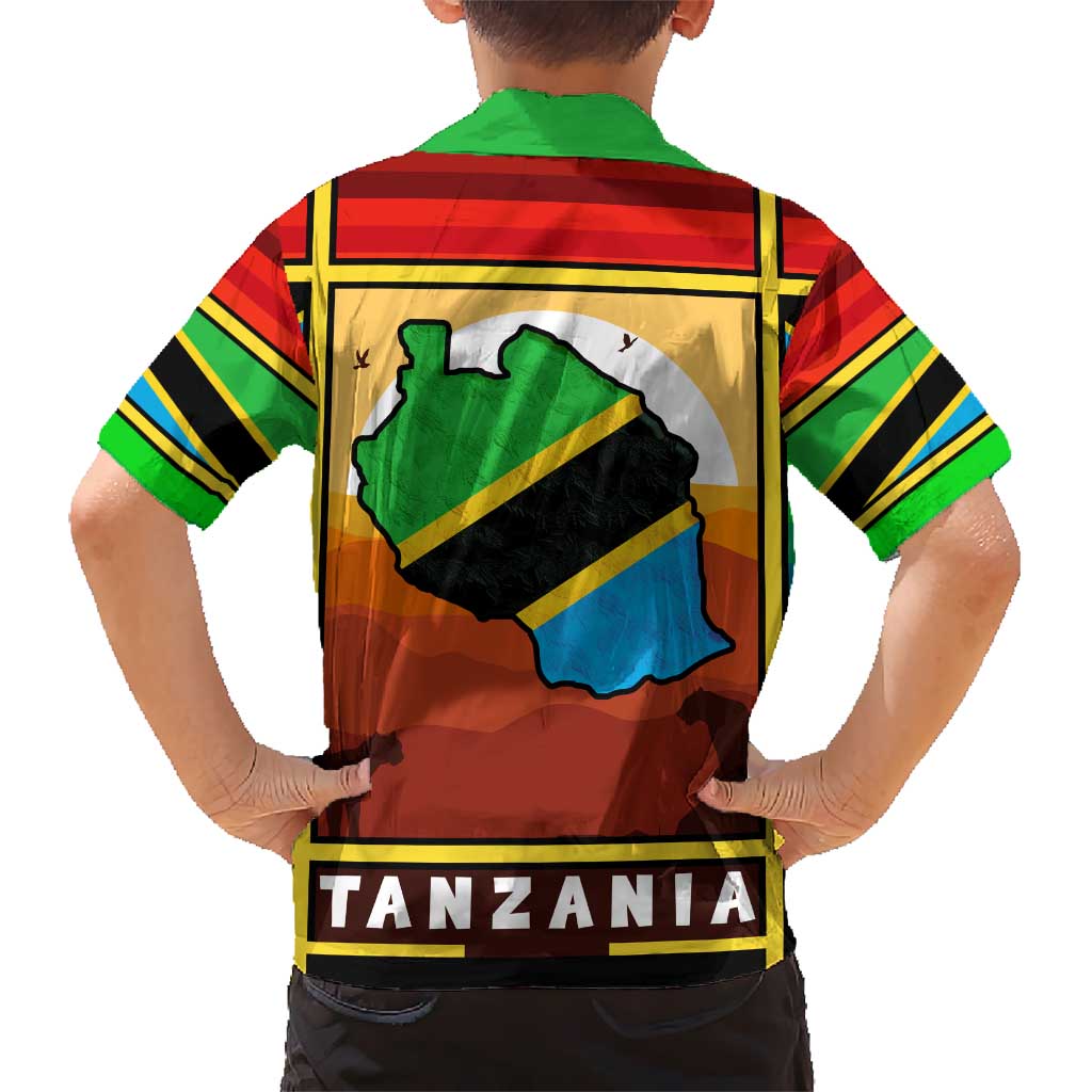 African Sunset Design Kid Hawaiian Shirt with Flag Map Mount Kilimanjaro and Wildlife Scene