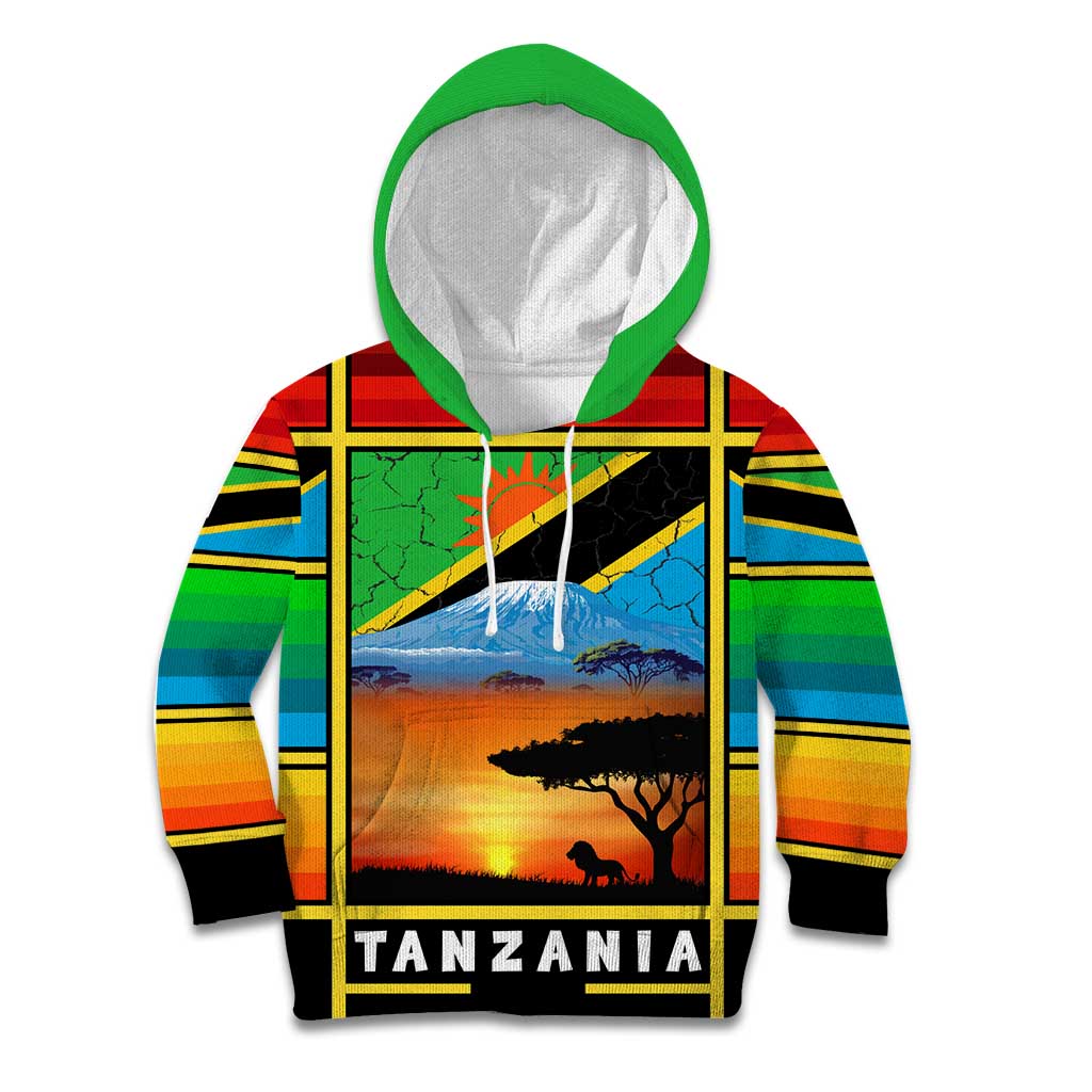 African Sunset Design Kid Hoodie with Flag Map Mount Kilimanjaro and Wildlife Scene