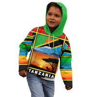 African Sunset Design Kid Hoodie with Flag Map Mount Kilimanjaro and Wildlife Scene