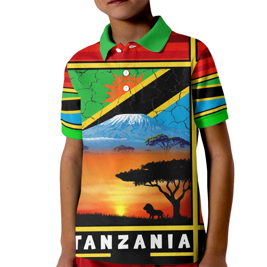 African Sunset Design Kid Polo Shirt with Flag Map Mount Kilimanjaro and Wildlife Scene
