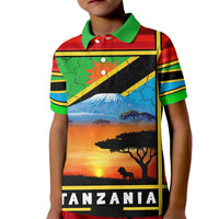 African Sunset Design Kid Polo Shirt with Flag Map Mount Kilimanjaro and Wildlife Scene