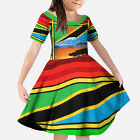 African Sunset Design Kid Short Sleeve Dress with Flag Map Mount Kilimanjaro and Wildlife Scene