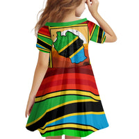 African Sunset Design Kid Short Sleeve Dress with Flag Map Mount Kilimanjaro and Wildlife Scene