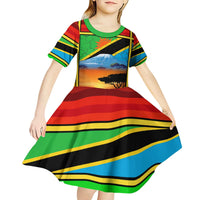 African Sunset Design Kid Short Sleeve Dress with Flag Map Mount Kilimanjaro and Wildlife Scene