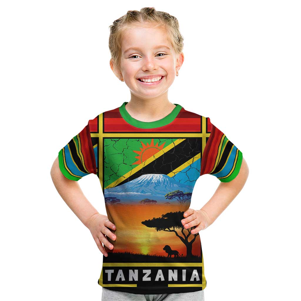 African Sunset Design Kid T Shirt with Flag Map Mount Kilimanjaro and Wildlife Scene