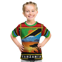 African Sunset Design Kid T Shirt with Flag Map Mount Kilimanjaro and Wildlife Scene