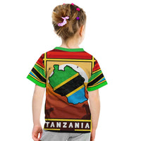 African Sunset Design Kid T Shirt with Flag Map Mount Kilimanjaro and Wildlife Scene