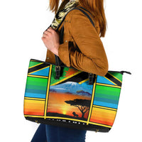 African Sunset Design Leather Tote Bag with Flag Map Mount Kilimanjaro and Wildlife Scene