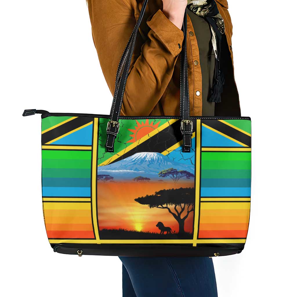 African Sunset Design Leather Tote Bag with Flag Map Mount Kilimanjaro and Wildlife Scene
